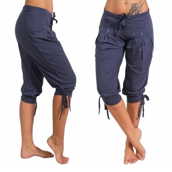 Women Casual Low Rise Drawstring Rhinestone Pleated Sports Cropped Pants Shorts