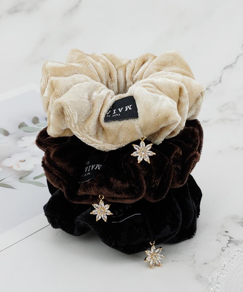 Maia Velvet Crystal Scrunchie Scrunchie Brown