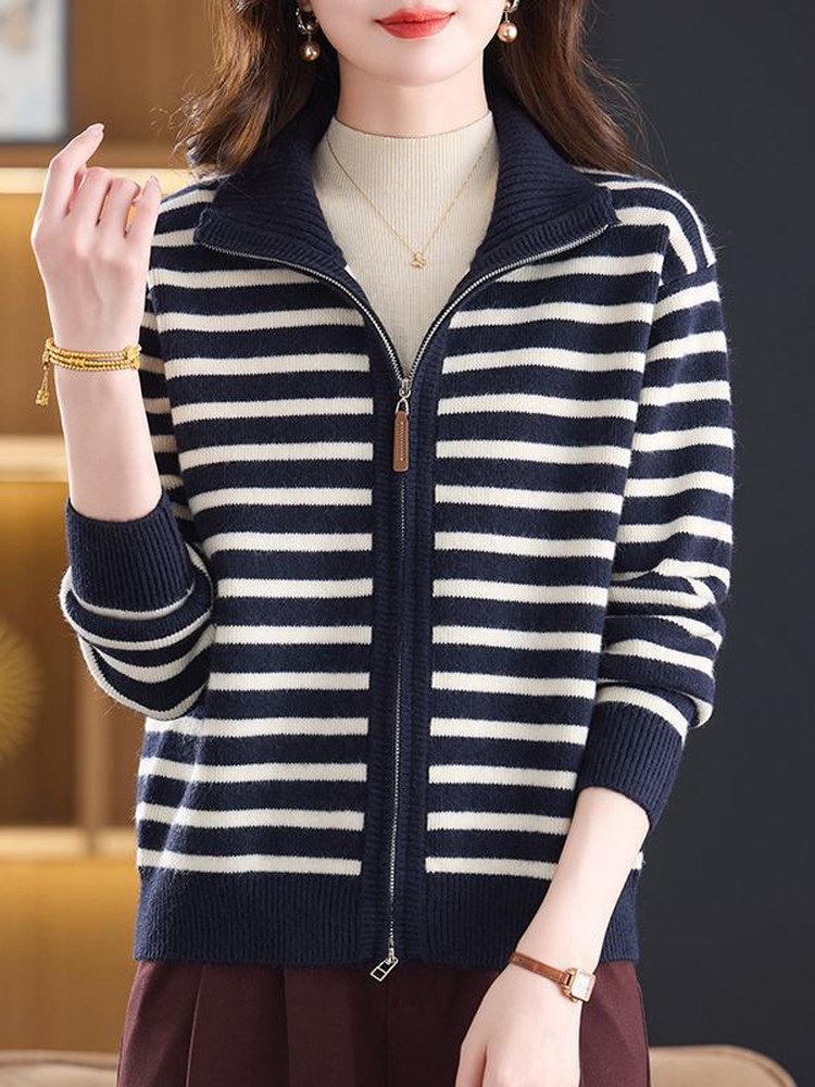 Korean Style Striped Knit Wool Cardigan - Autumn/Winter Zipper Sweater for Women