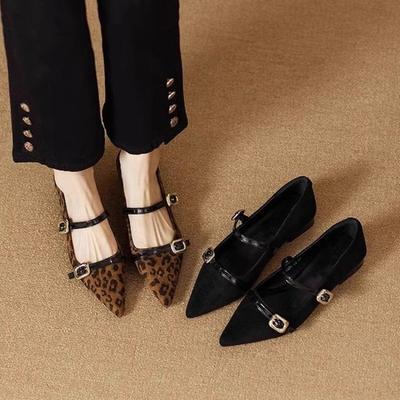 Herbst Neu Französischer Stil Spitz zulaufend Leomuster Mary Jane Schuhe Elegante Modeschuhe Einzelner Riemen für Damen Sling Damen Schuhe