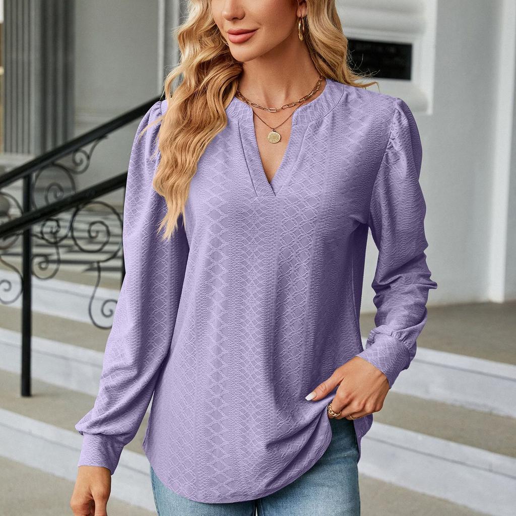 Spring Autumn Solid Top for Women V-neck Jacquard Long Sleeve Loose Blouse