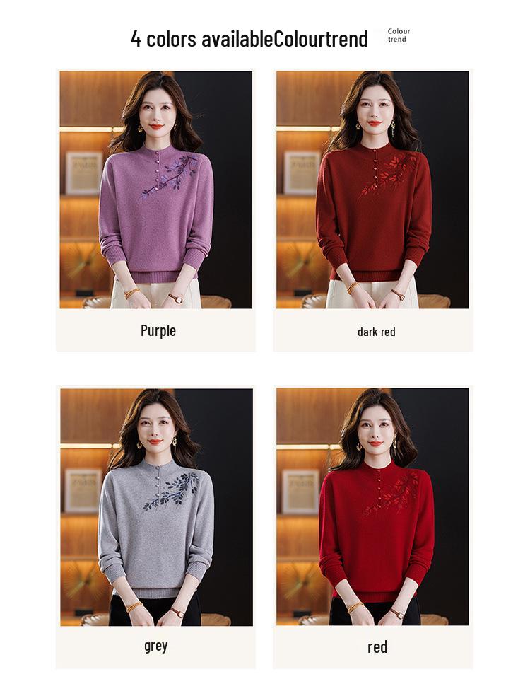 Women's Plus Size Pure Wool Embroidered Sweater - Autumn/Winter Base Layer with Half-high Collar, Perfect for Middle-aged and Elderly Moms.