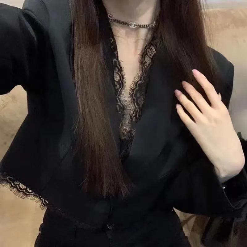 Women s Black Cropped Blazer Lace Trim V Neck Long Sleeve Elegant Jacket S