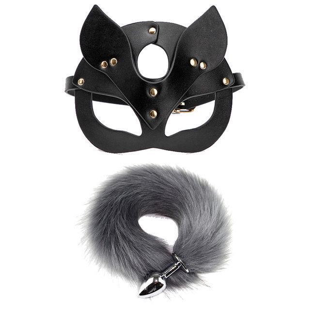 Erotic SM Role-Playing Mask & Metal Butt Plug Tail for Couples: Female Slave Training & Punishment