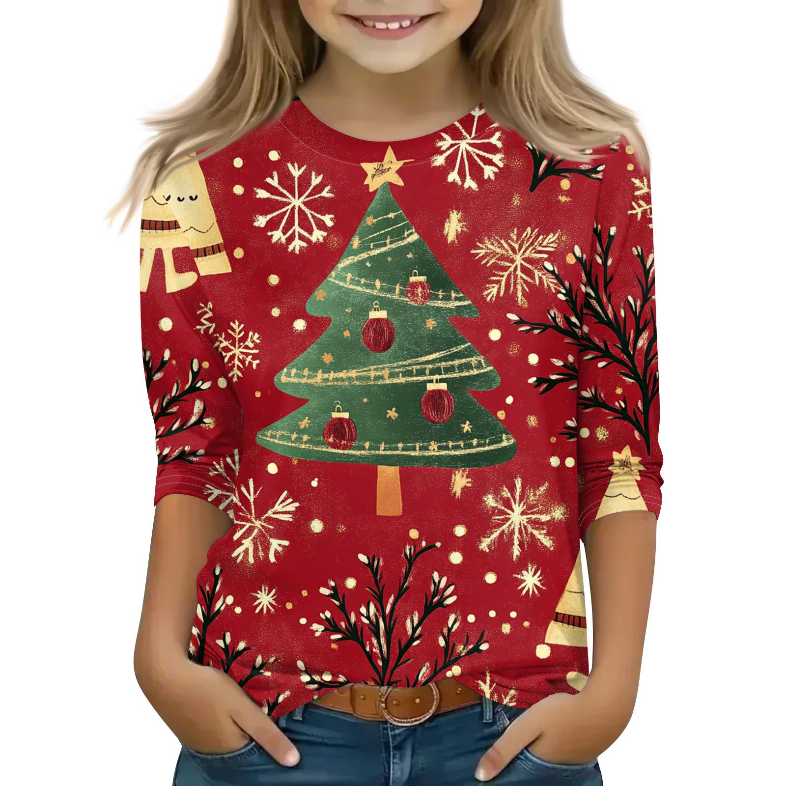 

Рождественские топы с принтом для девочек-подростков 5-16 лет, футболки с круглым вырезом и рукавами 3/4, модные топы, нарядные футболки 110 зелёный