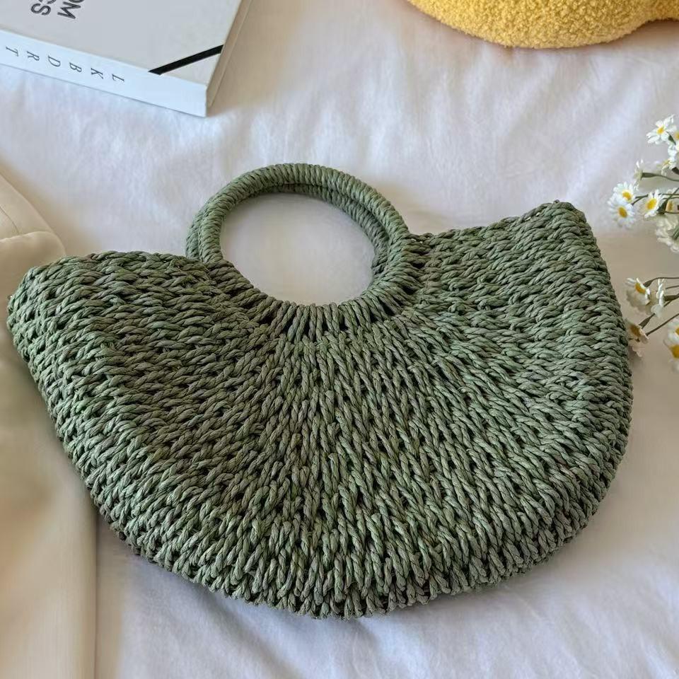 Stylish Handmade Straw Bag, Solid Color Large Retro Beach Portable Tote Bag for Women