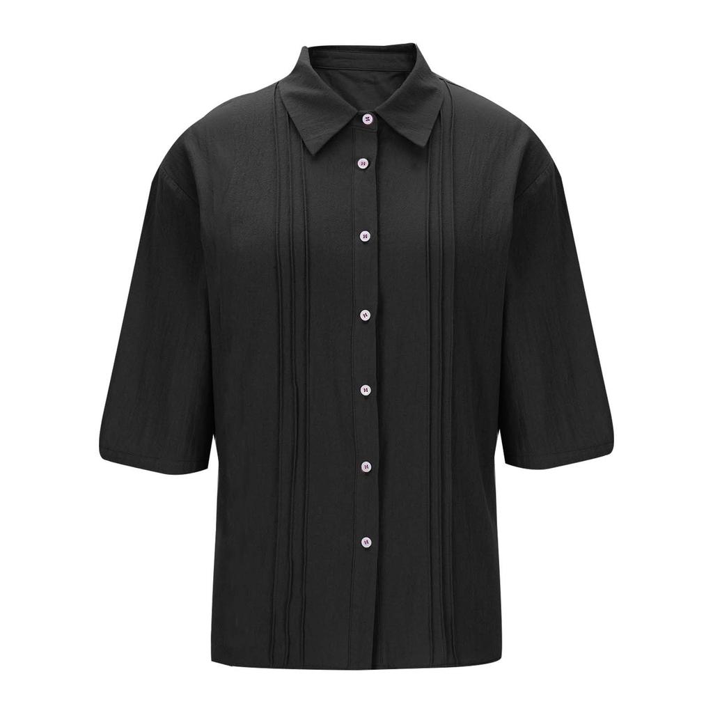 Womens Linen Button Down Shirts Cotton Linen 3/4 Length Sleeve  BlousesCasual Pleated Trendy Tops