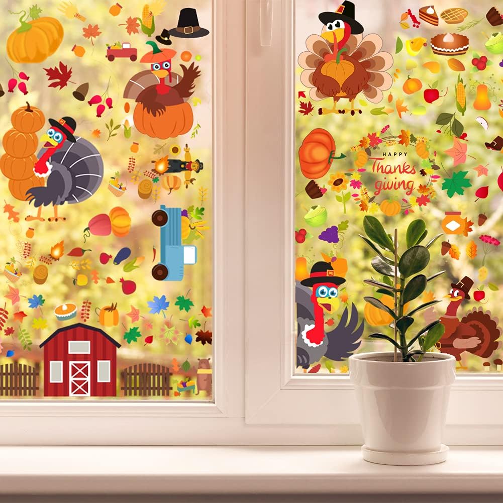 350pc Thanksgiving Window Clings Fall Window Stickers Decor for Offices Autumn Leaves Home School Office Thanksgiving Party Decorations Supplies