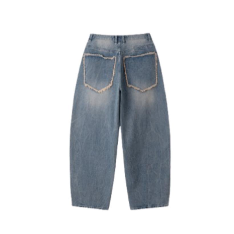 Vintage Washed Big Pocket Denim Pants Men Wide Fit Streetwear Jeans Casual Loose Long Pants