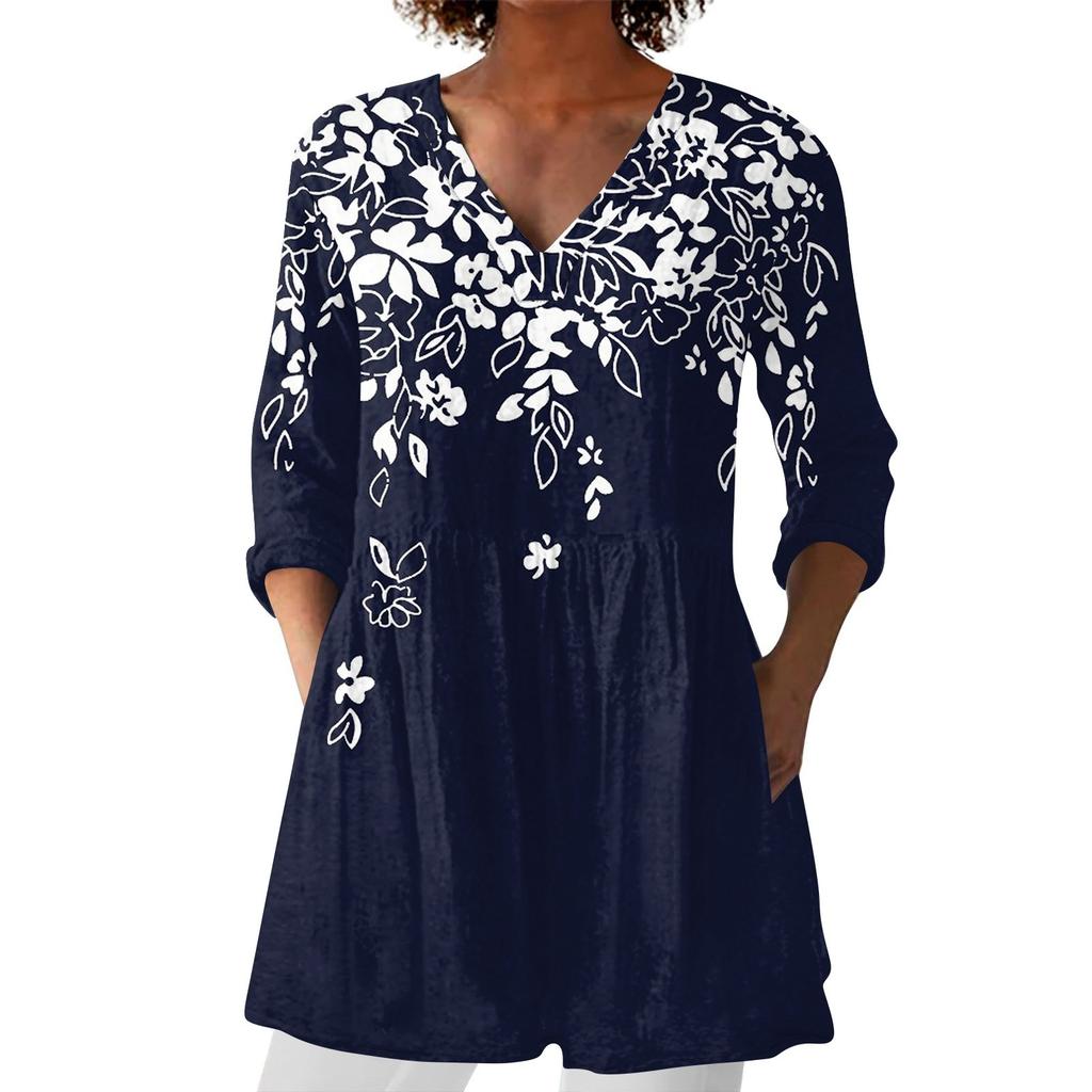 Women's Fashion Printed V Neck 3/4 Sleeve Pocket Casual Loose Fit Pullover Shirt Top