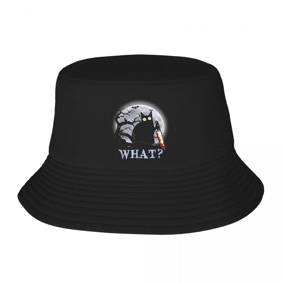 

Custom Funny Black Cat What Bucket Hat Unisex Women Beach Sun Summer Camping Cap