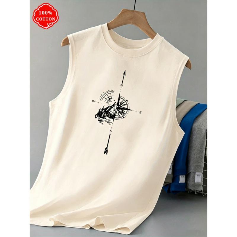 Men's Summer Sleeveless Top Vintage Mountain Compass Pattern Print Casual Oversized Tank Top Outdoor Street Vest