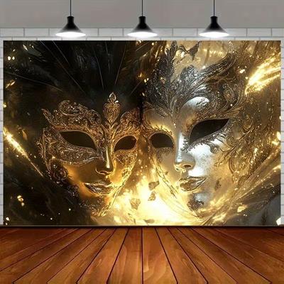 2D Venetian Mask Backdrop, Glitter Masquerade Ball Photography Background Decoration