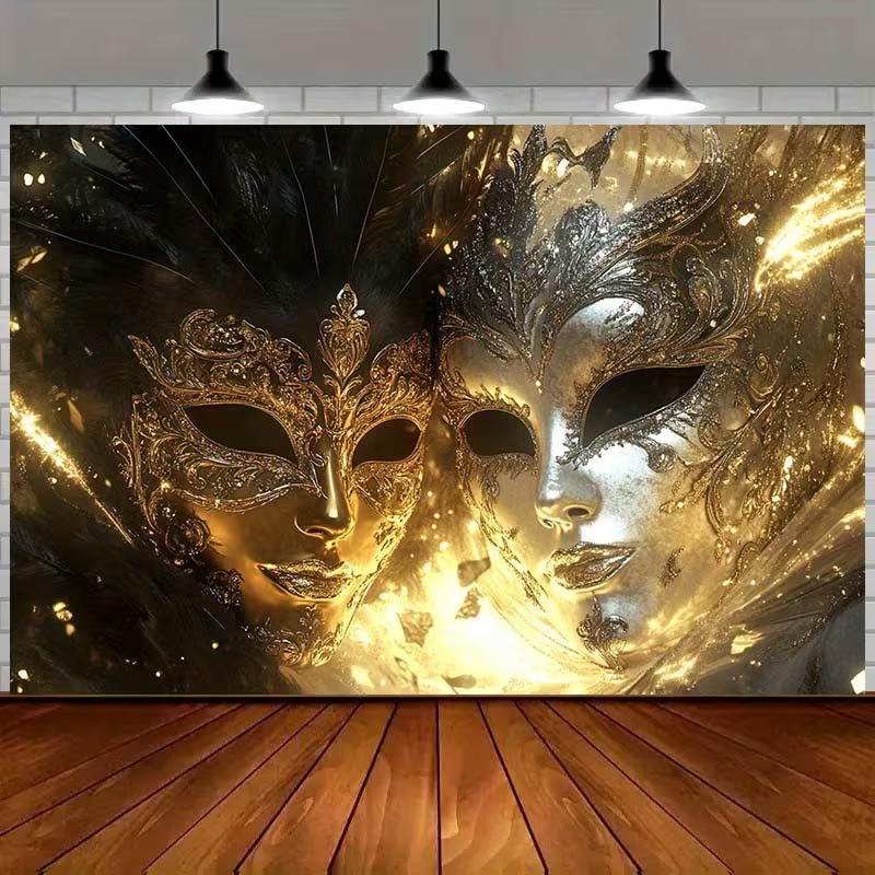 2D Venetian Mask Backdrop, Glitter Masquerade Ball Photography Background Decoration