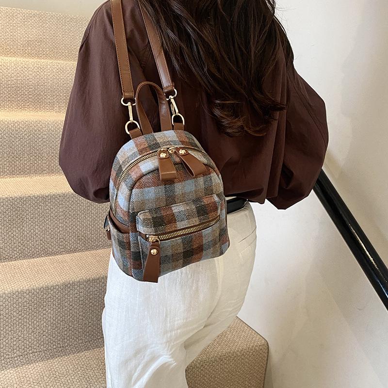 Women's Bag Autumn and Winter New Fashion Versatile Simple Suede Backpack Feminine Retro College Checkered Backpack