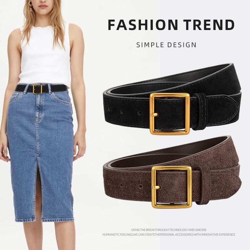 Korean Version Simple Frosted Cowhide Belt for Women High-end Retro Versatile Jeans Belt Square Buckle Suede Belt for Women