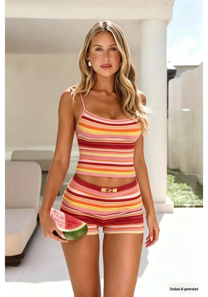 European & American Fashion Striped Knitted Camisole & Shorts Set - Summer Sexy & Comfortable