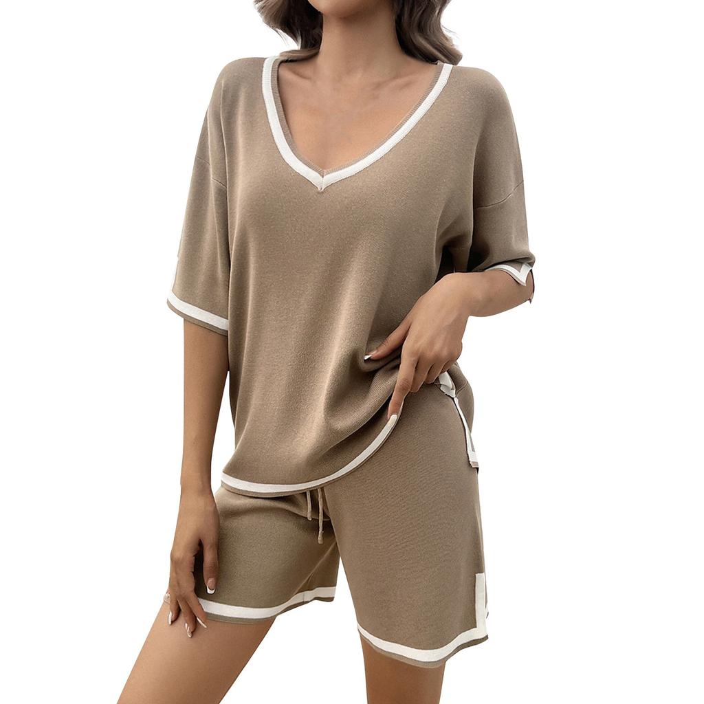 Dámské pletené svetry Krátké soupravy 2dílné outfity Pulovry s výstřihem do V Široké nohavice Krátké soupravy Odpovídající sada