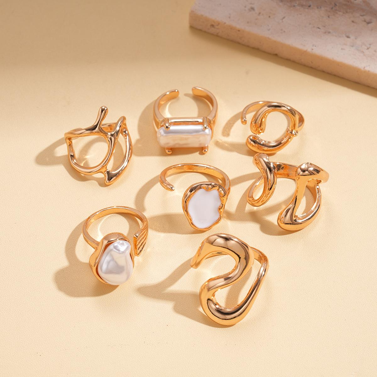 Seven-piece imitation pearl dripping oil irregular geometric opening ring ins jewelry