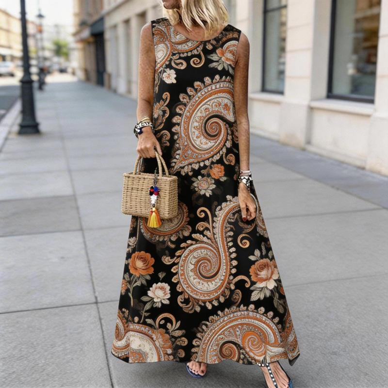 European and American style summer new sleeveless printed long dress women s loose casual beach dress S