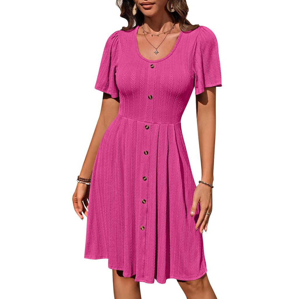 Summer Women's Round Neck Button Stretch Casual Temperament Short Sleeve Dress