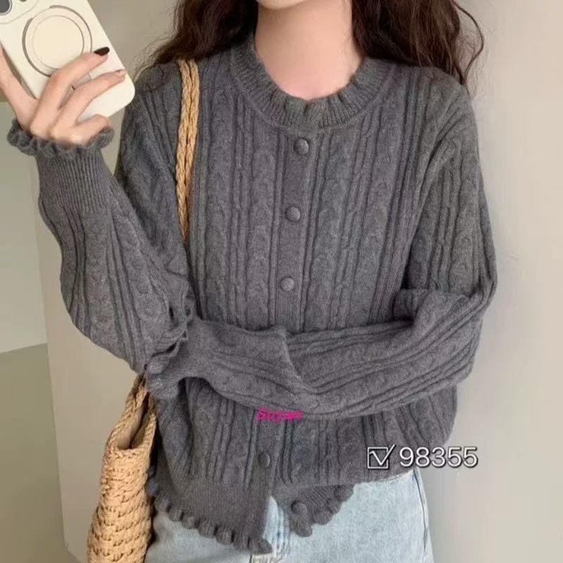 Lace round neck twist twisted knitted cardigan autumn and winter new sweet age-reducing design sweater jacket women