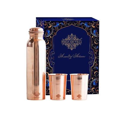 New Pure Copper Drinkware Gift Set of Plain Shine Finish Design 1 Bottle & 2 Glass with Gift Box, Bottle-900 Ml & Glass-275 Ml