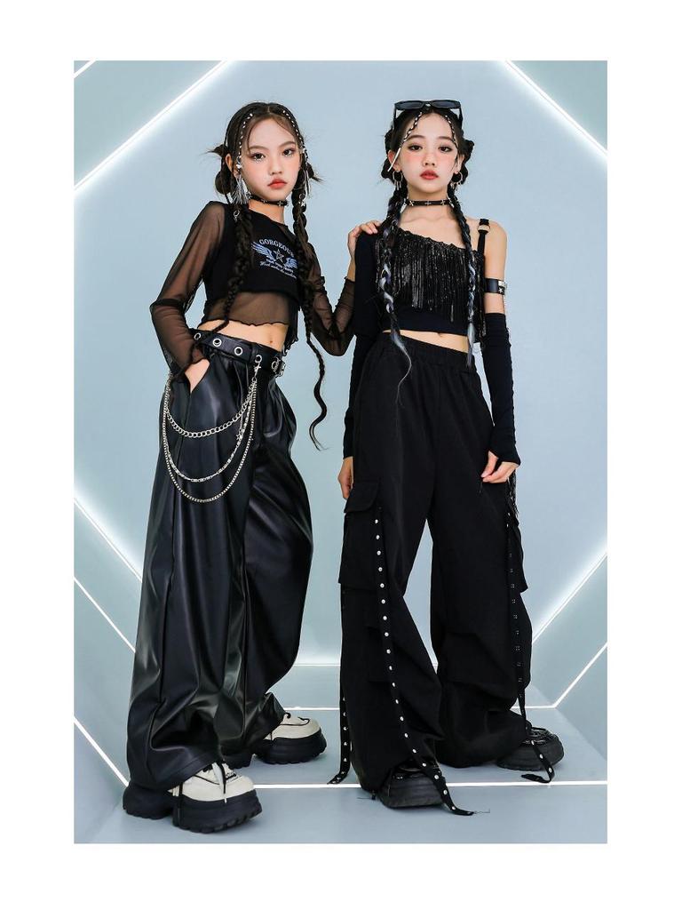 Completo da ballo jazz da ragazza: Top Corto a Maniche Lunghe in Rete con Bretelle, Costume da Esibizione Streetwear e da Passerella