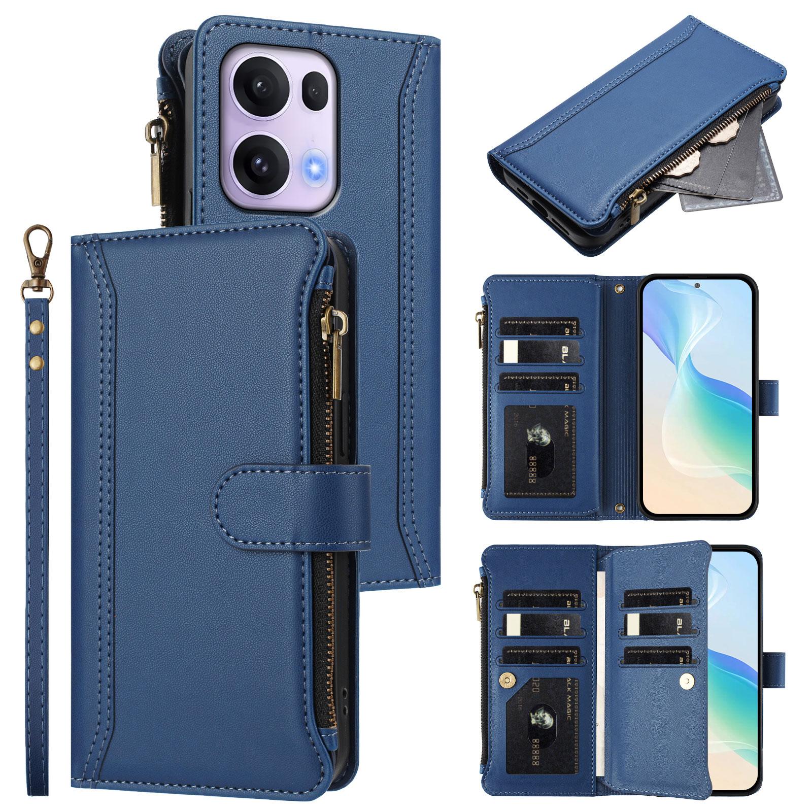 

For Oppo Reno13 Pro 5G Leather Case 9 Card Slots Zipper Wallet Stand Phone Cover with Wrist Strap Purple