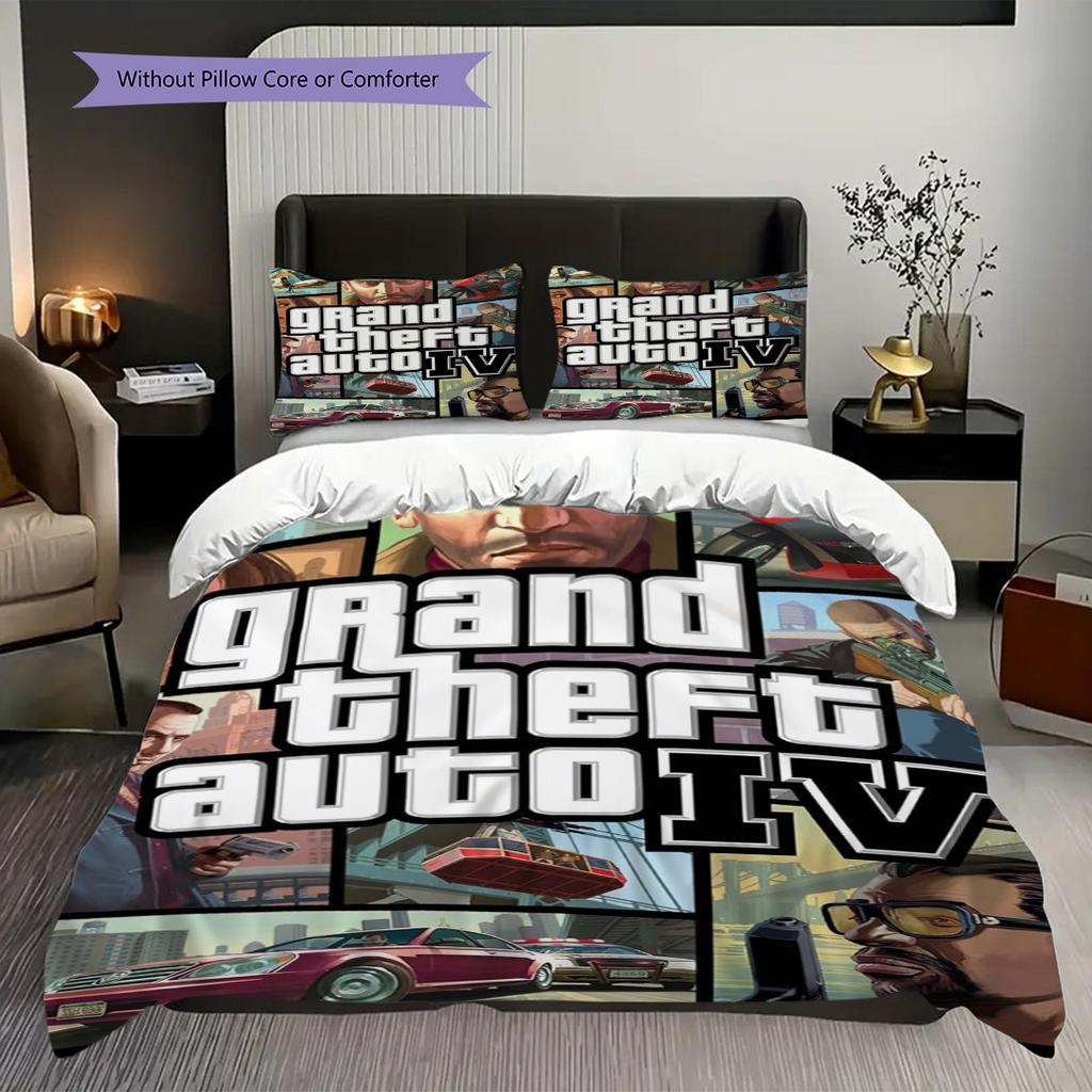 Ropa de cama con personajes vibrantes de Grand Theft Auto V (1 * funda nórdica + 2 * fundas de almohada, sin núcleo) Juego de ropa de cama de regalo de cumpleaños de Navidad plano 2D