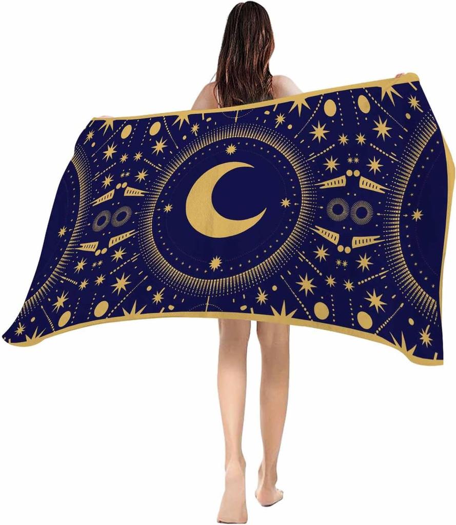 Beach Towel Stars Moon Bath Pool Towels Green Geometric Gorgeous Starry Night Soft Absorbent Beach Towel Lightweight Large Quick