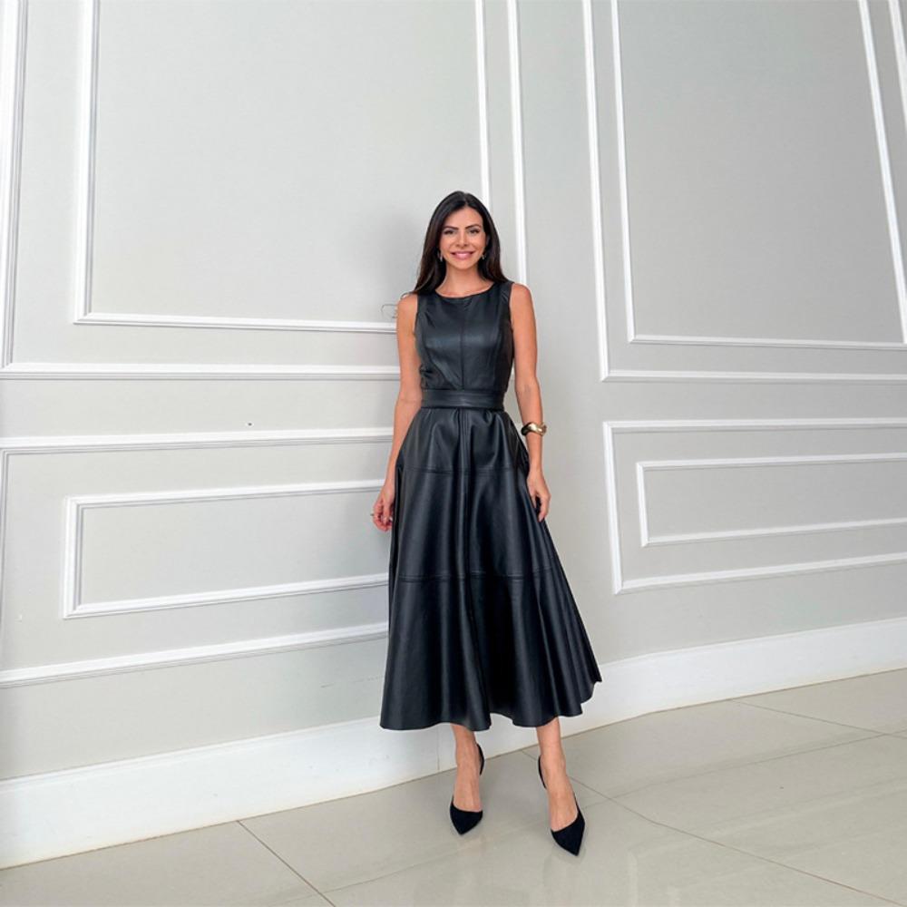 Damen Rundhals Ärmelloses Midi-Kleid Enganliegend Hohe Taille Elegant Kunstleder A-Linie Bürokleid