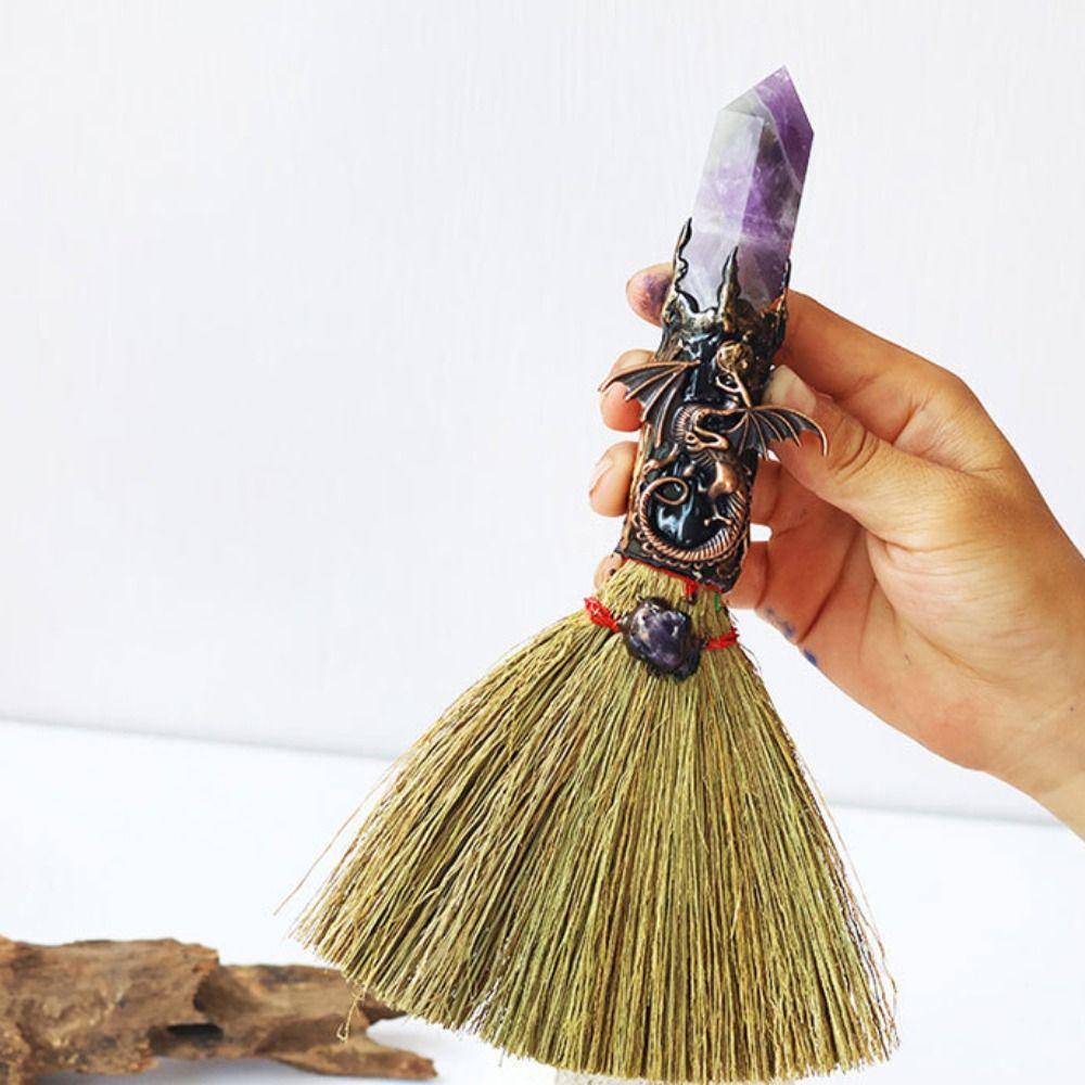 Charm Natural Crystal Column Point Stone Broom Handmade Mini Witch Broom Ornaments Rough Stone Broom Craft Desktop