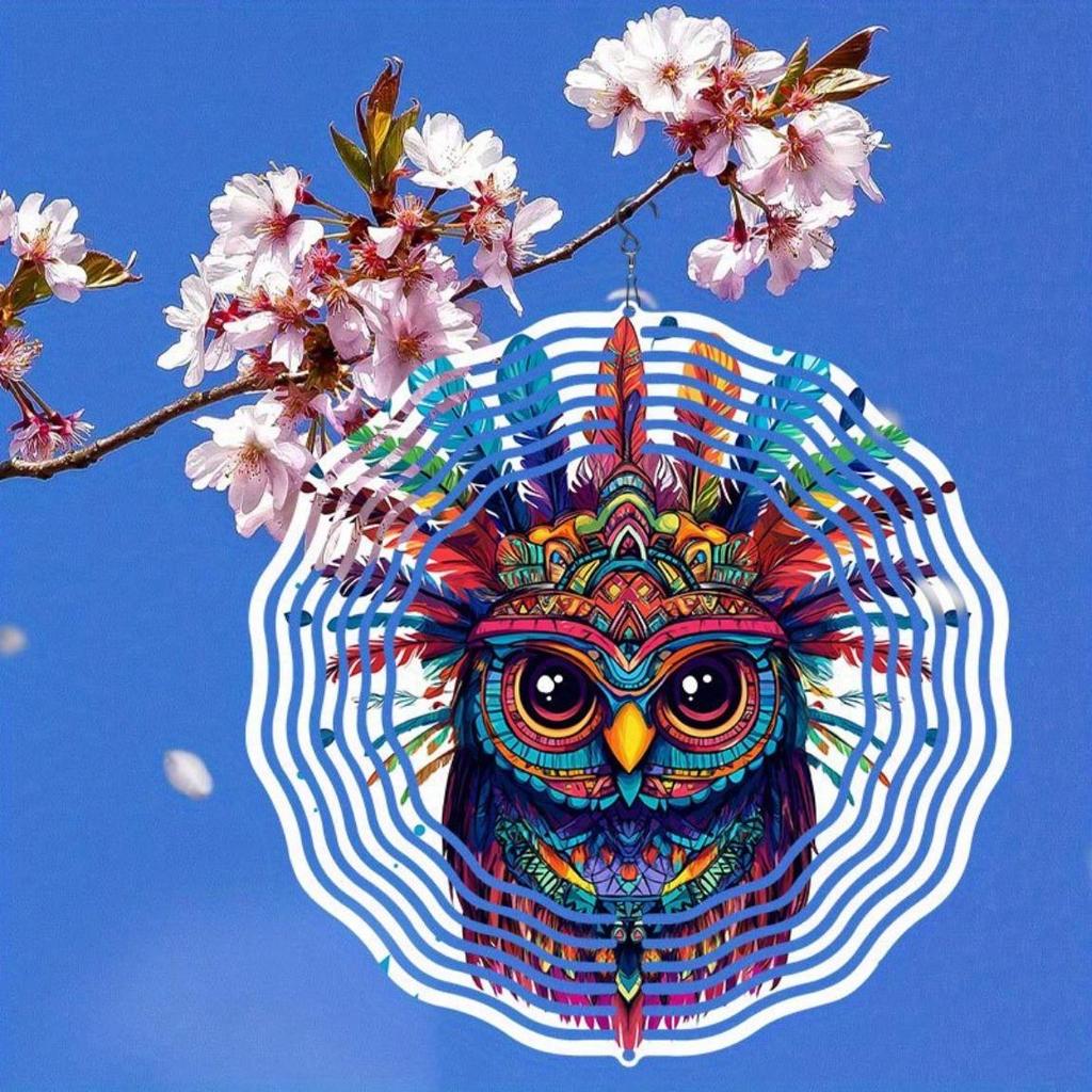 1pc 3D Metal Owl Wind Spinner Mandala Design Outdoor Garden Decor Hanging Ornament No Battery Needed for Patio Yard Home