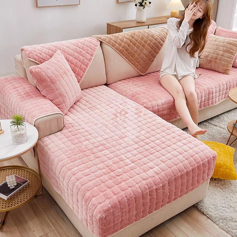 Warm Plush Sofa Cover Winter Thickened Universal Non-Slip Living Room Sofa Cushion Solid Color Velvet Sofa Backrest Armrest Towe