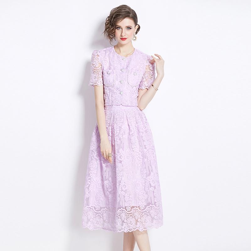 

Корейский модный милый кружевной комплект, костюм из двух предметов с юбкой, кружевная рубашка с вышивкой и цветком, рубашка с короткими рукавами, топы, юбка-миди, женские наряды S лавандовый