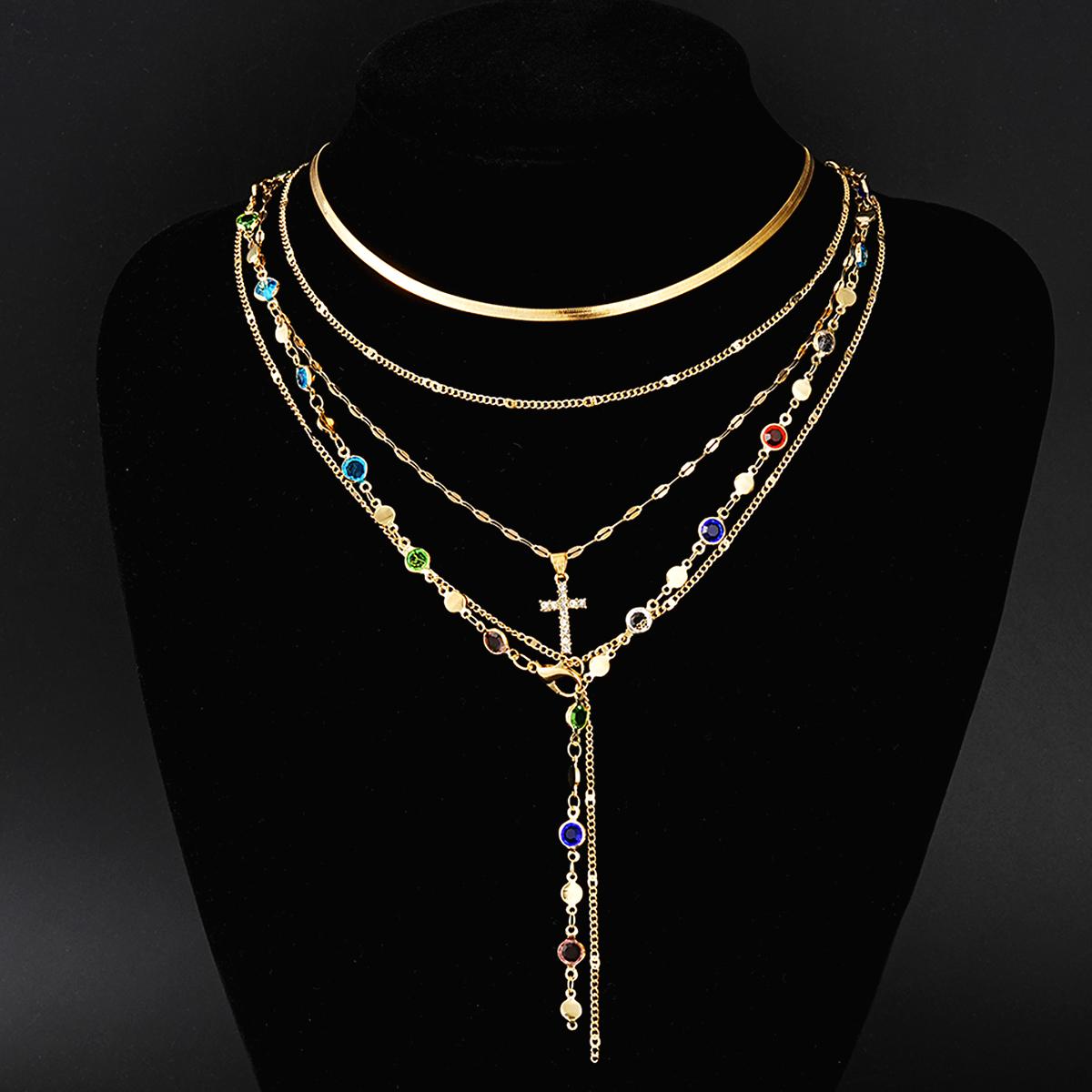 

5pcs Fashion Cross Colorful Crystal Necklaces Set for Women Boho Vintage Simple Y-Shaped Pendant Necklace Christian Jewelry Gift