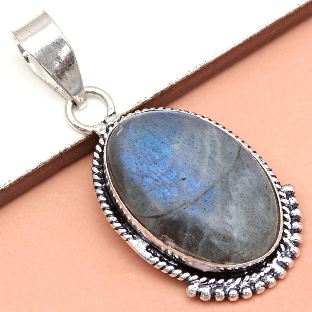 Pendant Blue Fire Labradorite Gemstone Gift For Her Silver Jewelry 1.75"