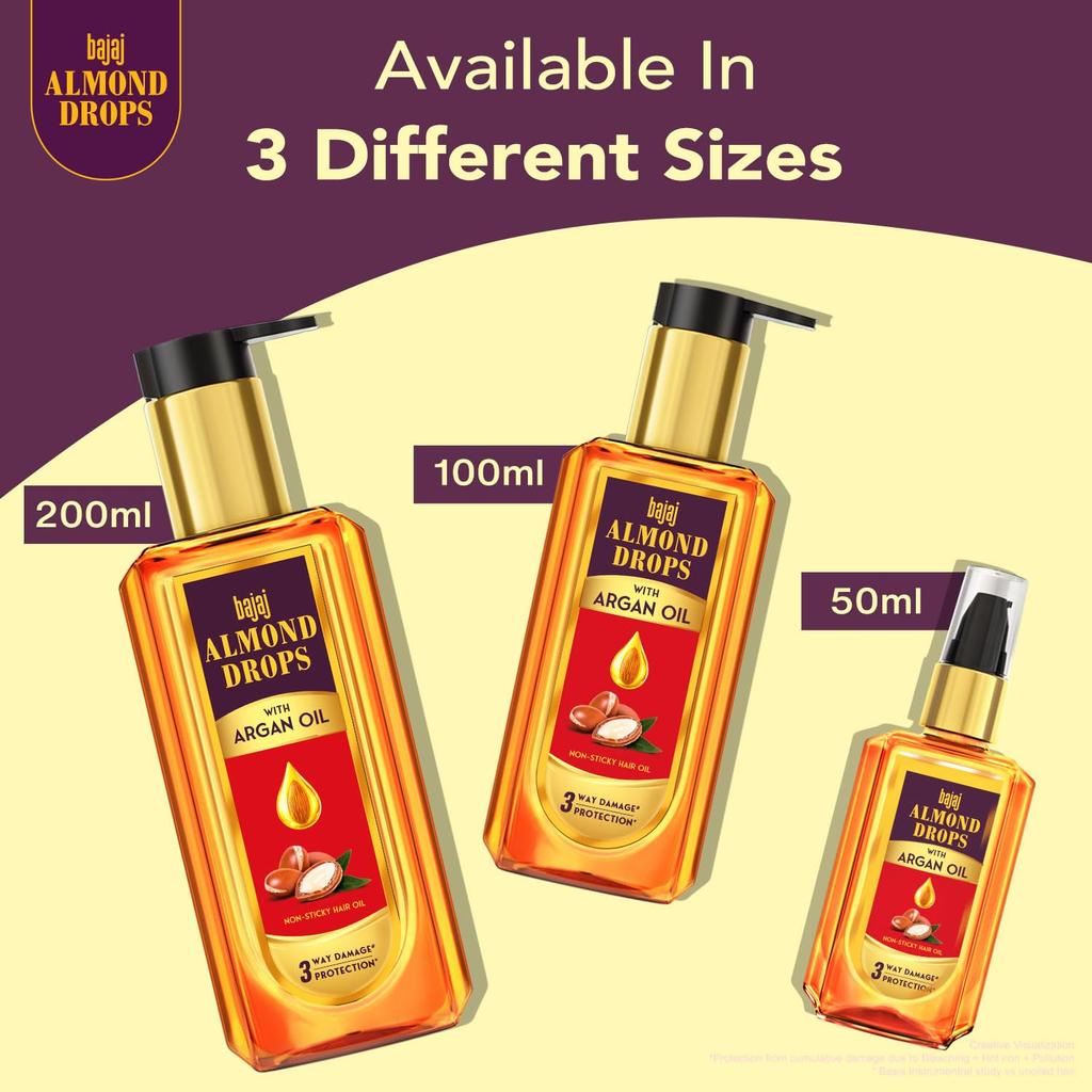 BAJAJ Almond Drops Non Sticky Hair Oil With Almond Argan Oil 100ml For Soft Shiny Hair Protection