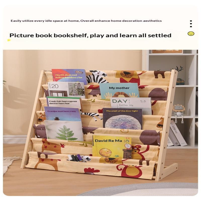 Solid Wood Kids Sling Bookshelf With Canvas Pockets And Large Capacity Perfect For Nursery Playroom Bedroom