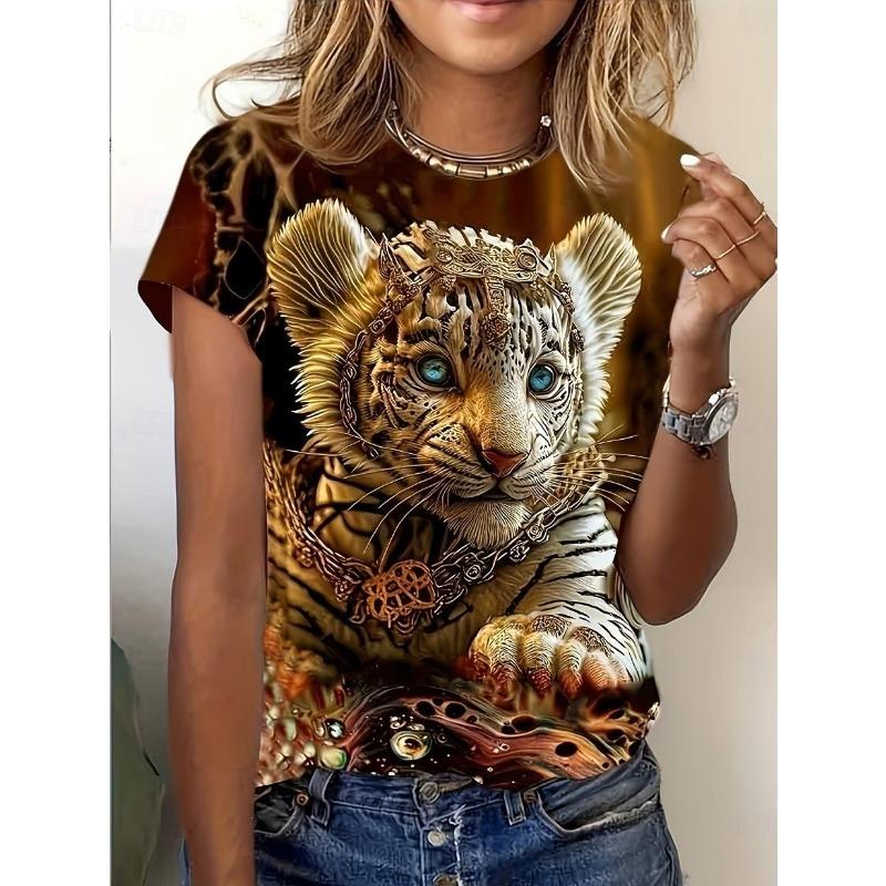Women's T Shirt Print Graphic Animal Vintage Stylish Classic Short Sleeve Crew Neck Regular Tops Daily Weekend Black White Gold Summer Spring Fall