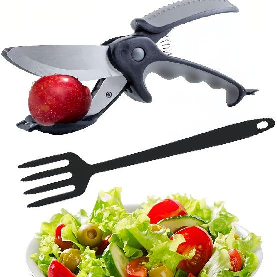 Kitchen Salad Scissors with Salad Forks for Chop n Mix Salad,Salad Cutting Tool Cut and Toss Dual Blade Salad Chopper Scissors,Multifunction