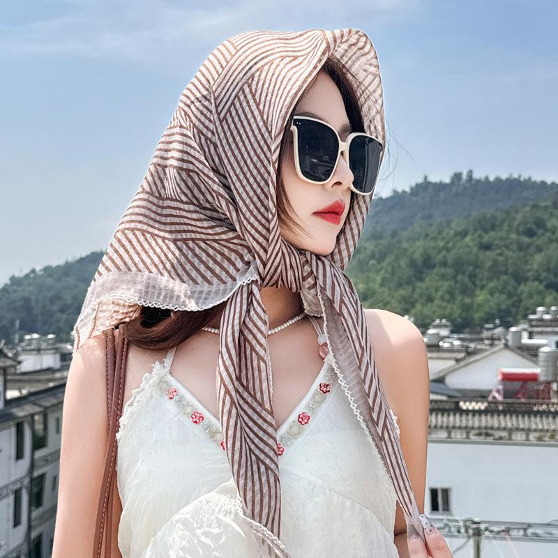 French striped 91 large square scarf cotton and linen silk scarf tube top women's belt summer seaside vacation headscarf sun protection shawl
