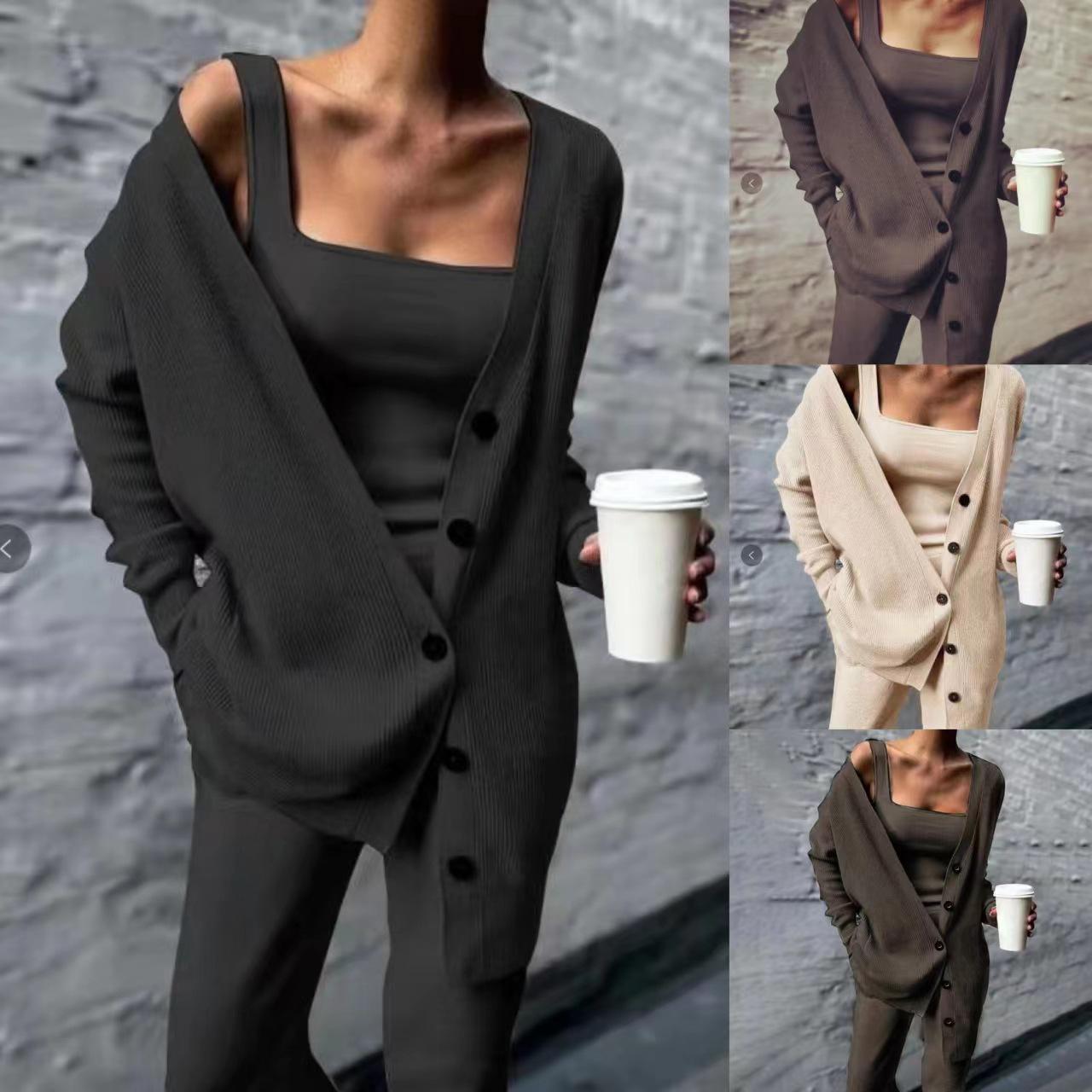 

Knitted Women s Three-Piece Solid Color Long-Sleeve Suit for Spring and Autumn 2XL