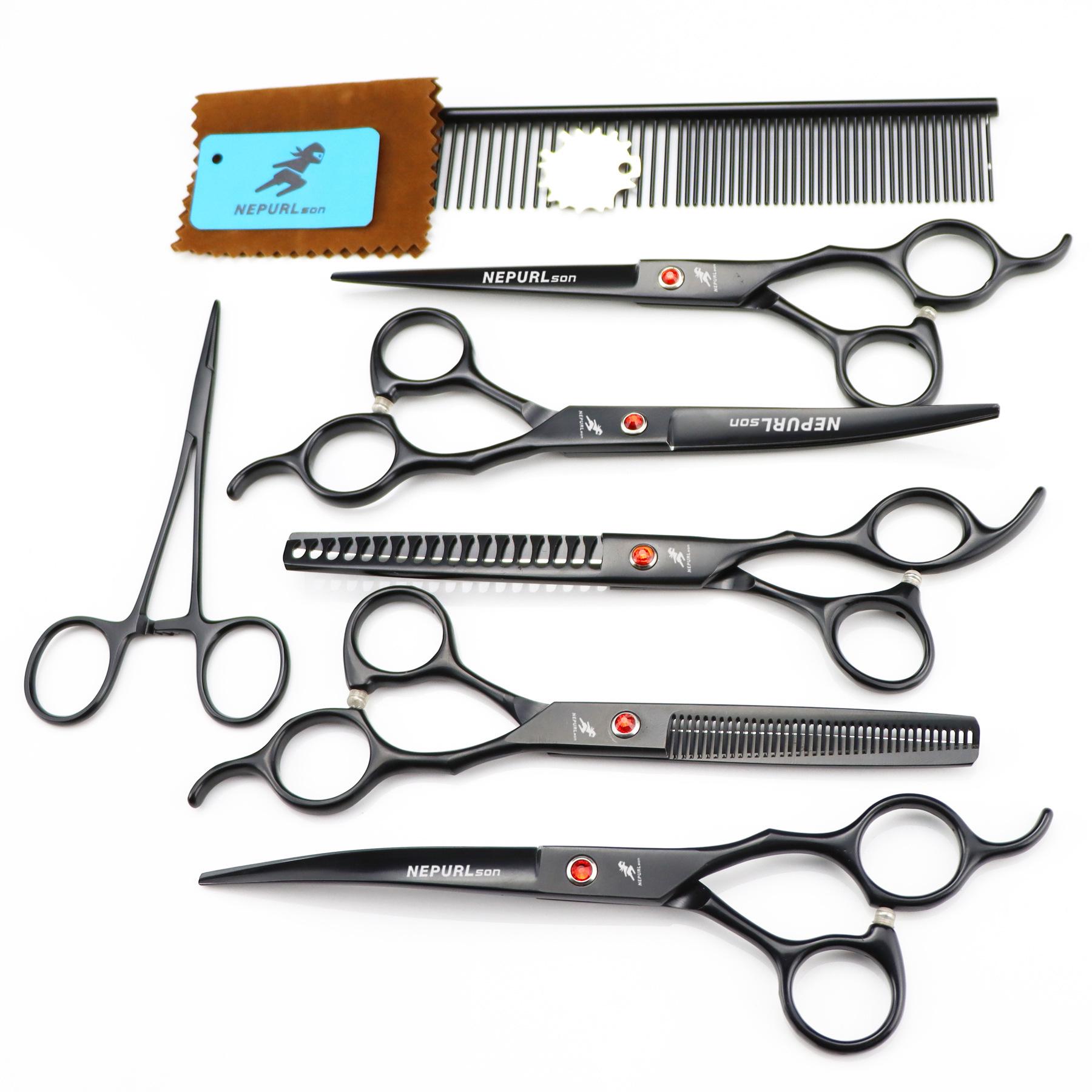 7.0-inch Black Baked Paint 5-piece Pet Grooming Scissors Set with Comb and Clippers