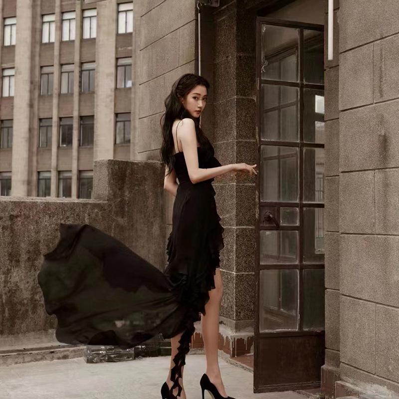 Guan Xiaotong Irregular Slit Black Tube Top Suspender Dress - Sexy Summer Skirt