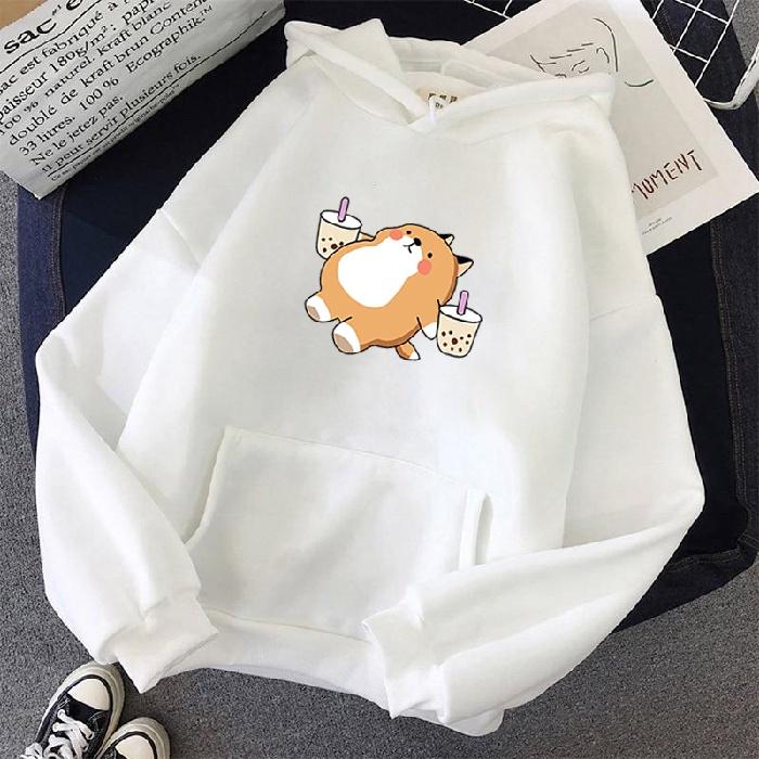 Autumn Winter Milk Tee Dog Printed Hoodie Women Casual Loose Kawaii Fashion Korean Style O-Neck Long Sleeve Fleece Sweatshirts