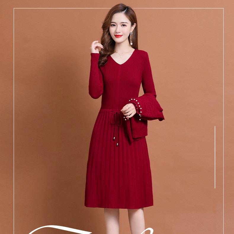 Two-piece Knitted Vest Dress for Women Long-sleeved Solid-color Sweater Dress Casual Mid-length Sweater for Autumn and Winter
