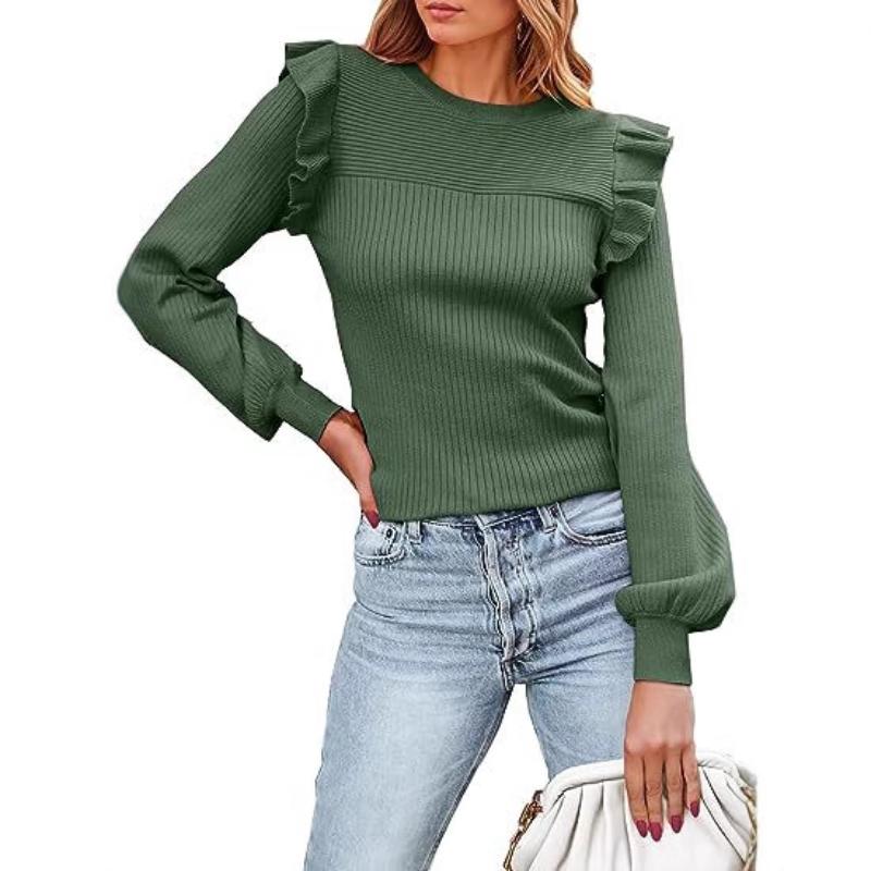 Autumn and Winter New Round Neck Knitted Round Neck All Match Women's Wear Casual Long Sleeve Casual Lantern Sleeve Tops