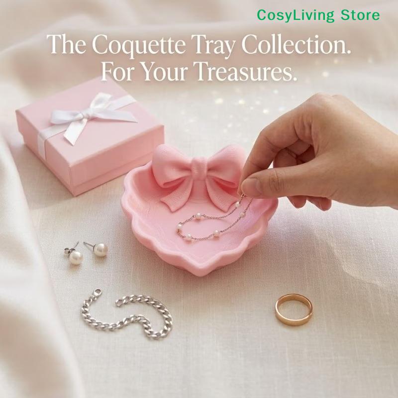 [CL]3D Printed Heart-Shaped Jewelry Tray With Pink Bow Elegant Decor For Table Sink & Office Desk Perfect For Jewelry Storage